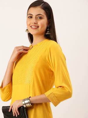 women's calf length mandarin collar mustard solid straight kurta 5