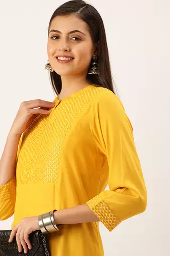 women's calf length mandarin collar mustard solid straight kurta