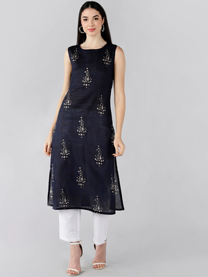 women navy blue cotton paisley printed straight kurta 1