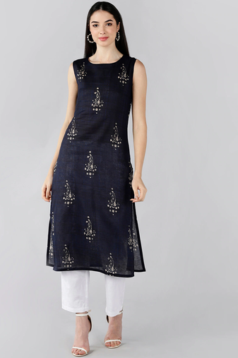 women navy blue cotton paisley printed straight kurta