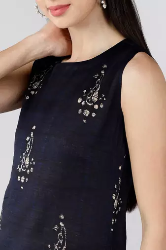 women navy blue cotton paisley printed straight kurta