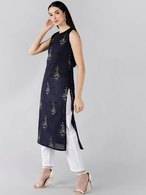 women navy blue cotton paisley printed straight kurta 3
