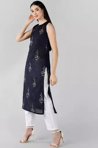 women navy blue cotton paisley printed straight kurta