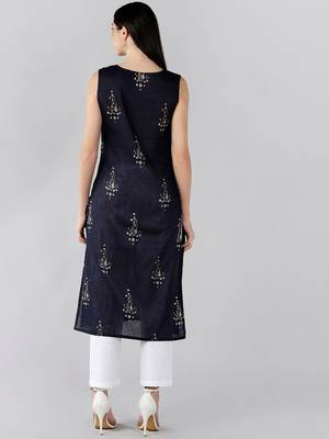 women navy blue cotton paisley printed straight kurta 4