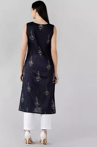 women navy blue cotton paisley printed straight kurta