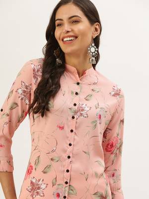 women's calf length mandarin collar peach floral straight kurta 2