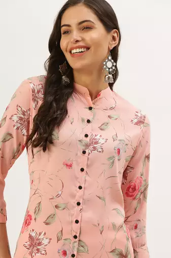 women's calf length mandarin collar peach floral straight kurta
