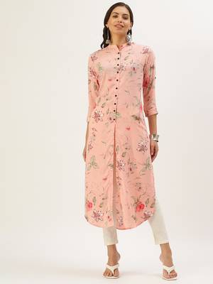 women's calf length mandarin collar peach floral straight kurta 1