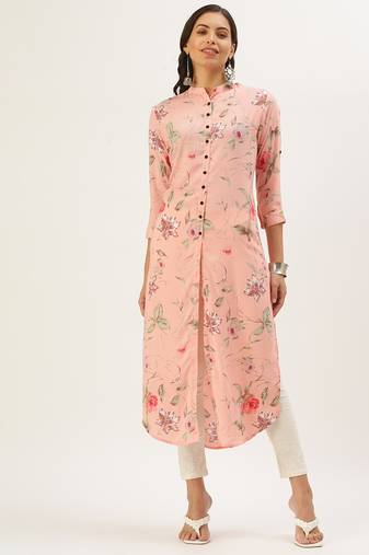women's calf length mandarin collar peach floral straight kurta
