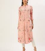women's calf length mandarin collar peach floral straight kurta
