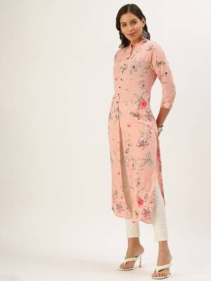 women's calf length mandarin collar peach floral straight kurta 3