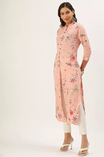 women's calf length mandarin collar peach floral straight kurta