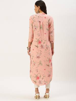 women's calf length mandarin collar peach floral straight kurta 4