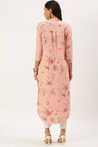 women's calf length mandarin collar peach floral straight kurta