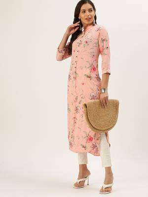 women's calf length mandarin collar peach floral straight kurta 5
