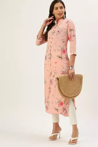 women's calf length mandarin collar peach floral straight kurta