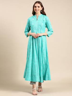 women's ankle length mandarin collar sea green embellished anarkali kurta 1
