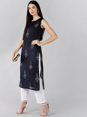 women navy blue cotton paisley printed straight kurta 5