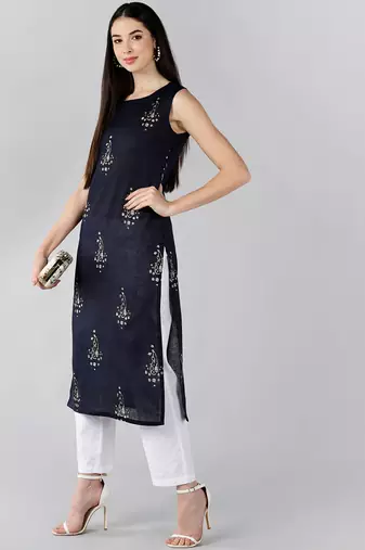 women navy blue cotton paisley printed straight kurta