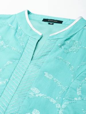 women's ankle length mandarin collar sea green embellished anarkali kurta 3