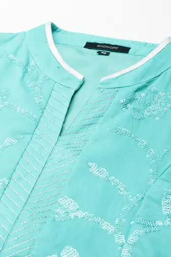 women's ankle length mandarin collar sea green embellished anarkali kurta