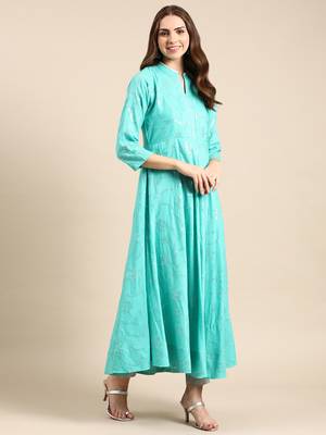 women's ankle length mandarin collar sea green embellished anarkali kurta 4