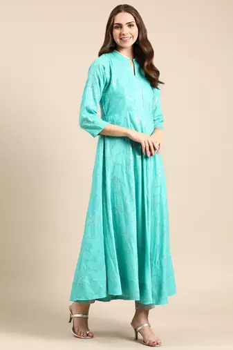 women's ankle length mandarin collar sea green embellished anarkali kurta