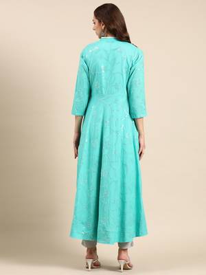 women's ankle length mandarin collar sea green embellished anarkali kurta 5