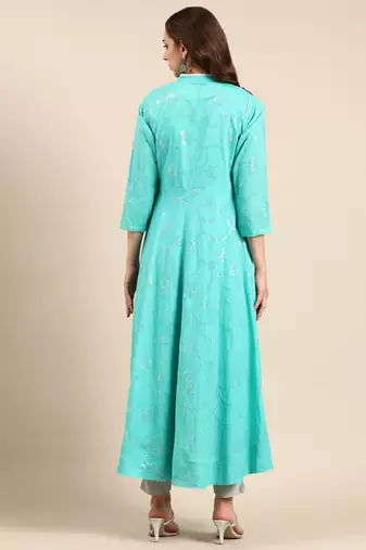 women's ankle length mandarin collar sea green embellished anarkali kurta