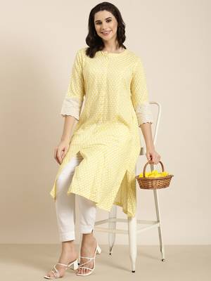 women's calf length round neck yellow abstract a-line kurta 1