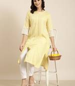 women's calf length round neck yellow abstract a-line kurta