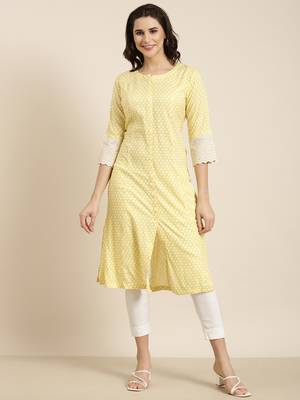 women's calf length round neck yellow abstract a-line kurta 2