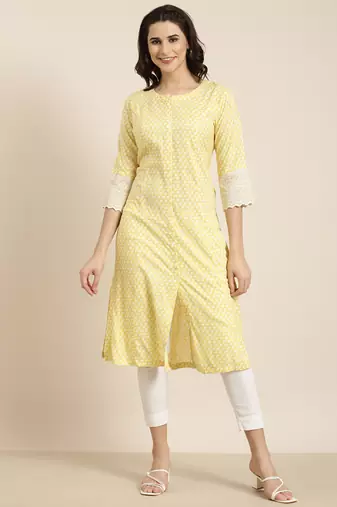 women's calf length round neck yellow abstract a-line kurta