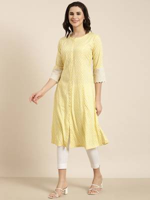 women's calf length round neck yellow abstract a-line kurta 3