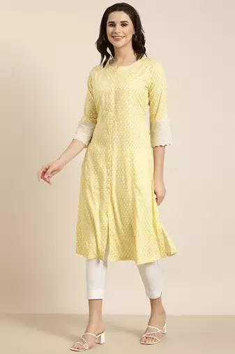 women's calf length round neck yellow abstract a-line kurta
