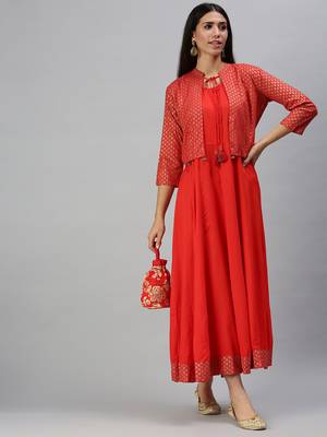 women's ankle length mandarin collar red solid anarkali kurta 1