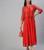 women's ankle length mandarin collar red solid anarkali kurta