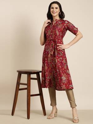 women's calf length mandarin collar maroon floral a-line kurta 1