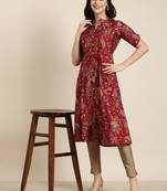 women's calf length mandarin collar maroon floral a-line kurta