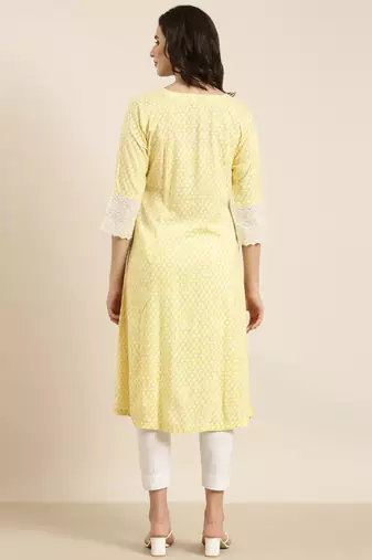 women's calf length round neck yellow abstract a-line kurta