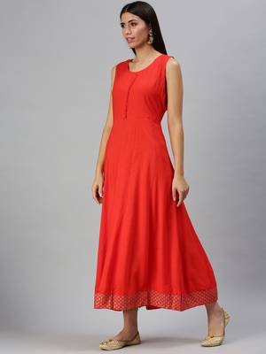 women's ankle length mandarin collar red solid anarkali kurta 2
