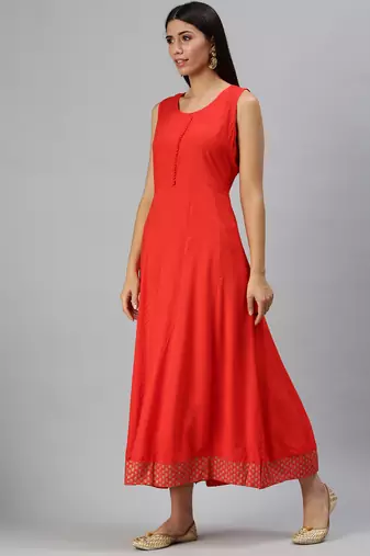 women's ankle length mandarin collar red solid anarkali kurta