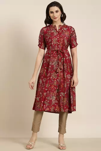 women's calf length mandarin collar maroon floral a-line kurta