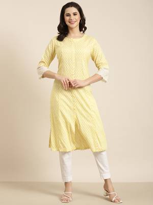 women's calf length round neck yellow abstract a-line kurta 5