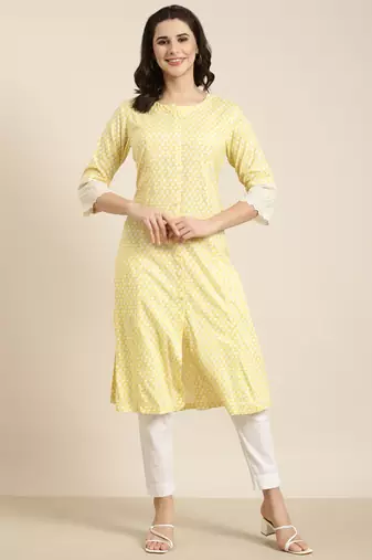women's calf length round neck yellow abstract a-line kurta
