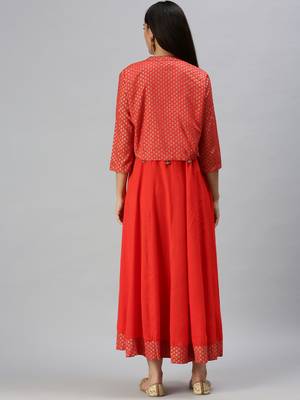 women's ankle length mandarin collar red solid anarkali kurta 3
