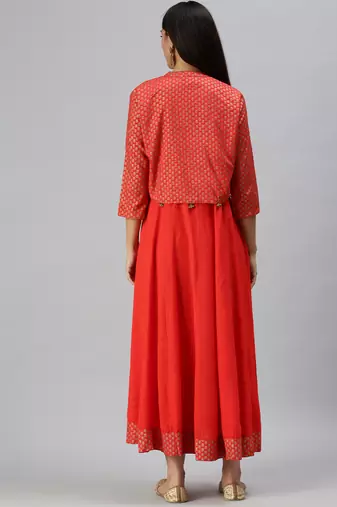 women's ankle length mandarin collar red solid anarkali kurta