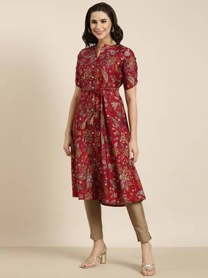 women's calf length mandarin collar maroon floral a-line kurta 3