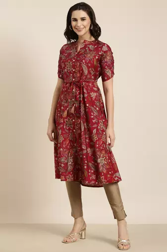 women's calf length mandarin collar maroon floral a-line kurta