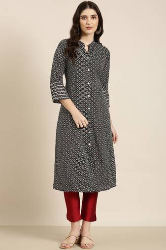 women's calf length mandarin collar black geometric a-line kurta